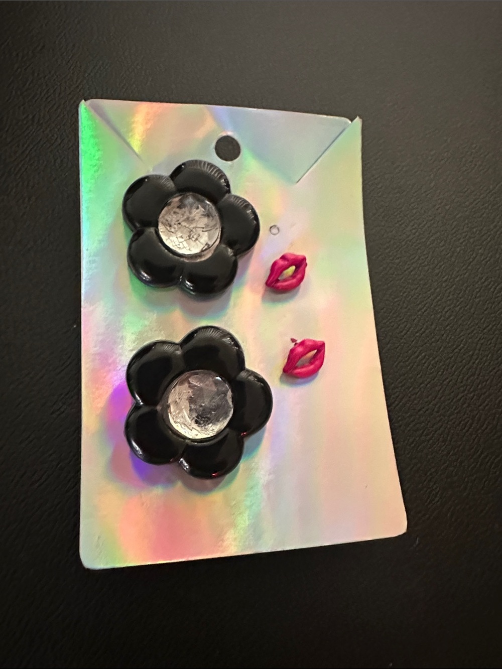 Flower and Lip Stud Earrings - Black & Pink